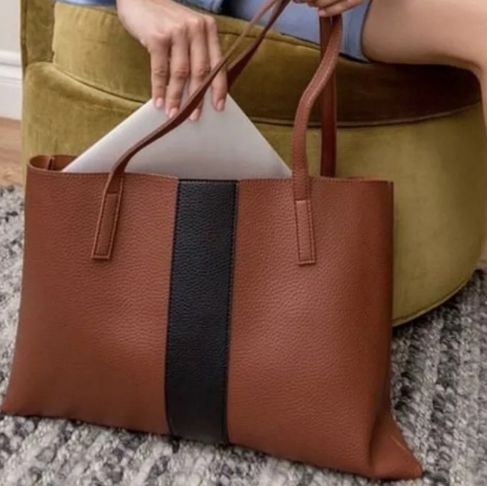 Vince Camuto Luck Brown Black Vegan Faux Leather Tote Bag Pebbled Laptop Career - Picture 2 of 13